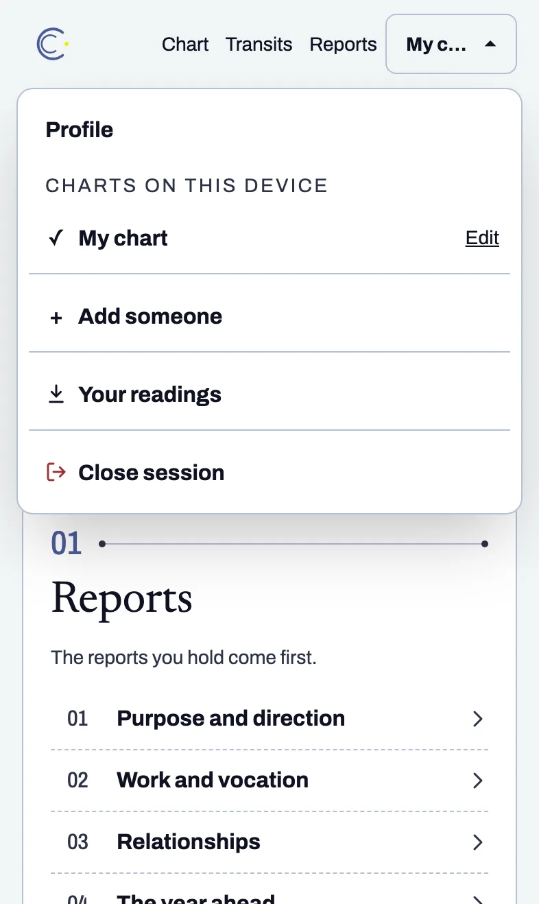 The profile menu open from the header, with My chart, Add someone, Your readings and Close session.
